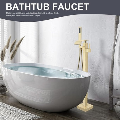 Senlesen Bathroom Tub Filler Faucet Floor Mounted Bathtub Shower Faucet Waterfall Spout Free Standing Tub Mixer Tap with Handheld Sprayer Gold Polished