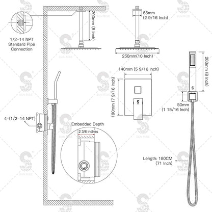 SR SUN RISE Brass 10 Inches Ceiling Mounted Shower System Brushed Nickel Bathroom Luxury Rain Mixer Shower Combo Set Ceiling Install Rainfall Shower Head System