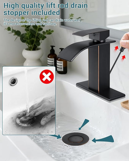 Bathroom Faucets with Lift Rod Drain Oil Rubbed Bronze Waterfall Bathroom Sink Faucet Modern Single Handle Bathroom Faucet for 1 or 3 Hole Mxier Tap Washbasin Faucet with Deck