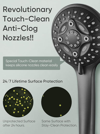Cobbe 12'' High Pressure Rain Shower Head with Extension Arm - Dual Shower Heads with 8 Modes Handheld Spray Combo - Wide RainFall shower with Anti-Clog Nozzles, Adhesive Showerhead Holder, Black