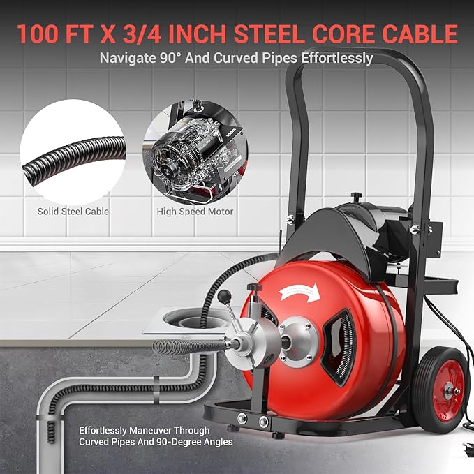 100Ft 3/4 Inch Cable Drain Cleaning Machine, 450W Auto Feed Portable Electric Sewer Snake, Electric Drain Auger with 4 Cutter Air-Activated Foot Switch for 2" to 4" Pipes
