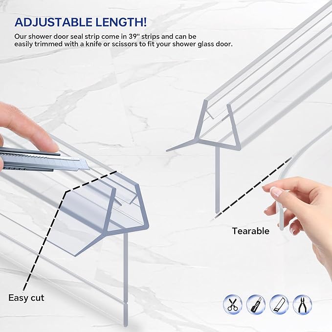 2-Pack Frameless Shower Door Bottom Seal (1/4" X 39") Clear Glass Seal Strip Shower Door Sweep - Stop Shower Leaks