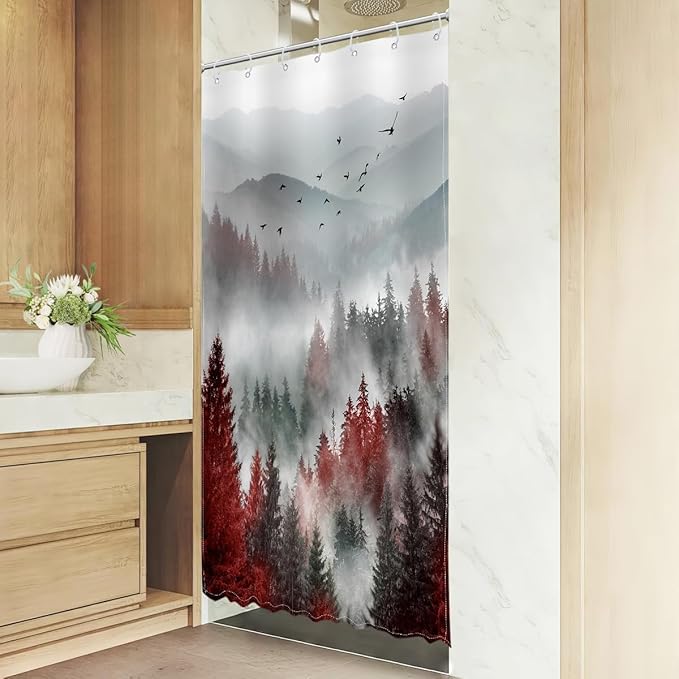 Riyidecor Stall Half Small Rv Shower Curtain 36Wx72H Inch Red Black Mountain Single Stand Up Camp Narrow Scenery Nature View Woodland Pine Tree Bathroom Decor Fabric Polyester Waterproof 7 Pack Hooks