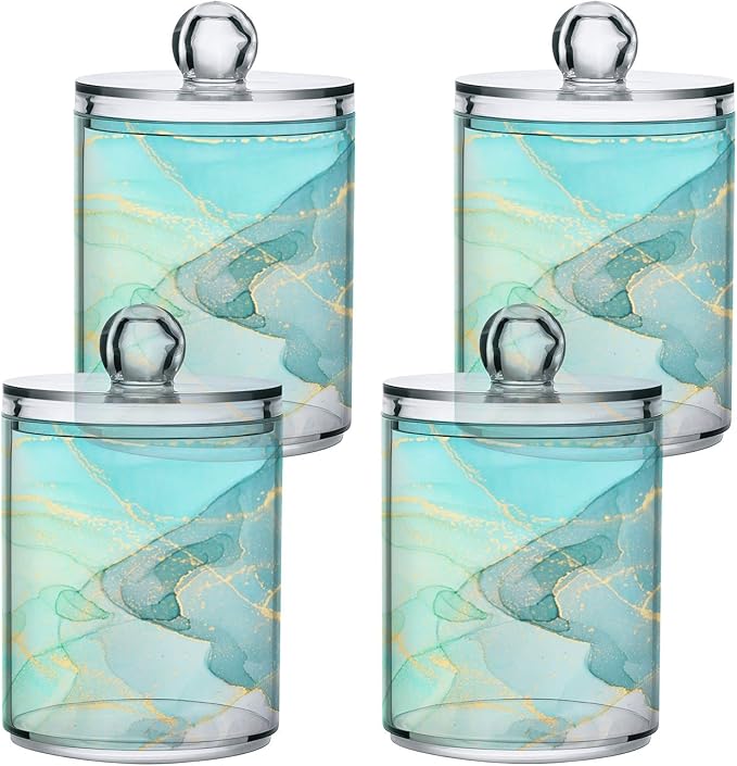 MNSRUU 2 Pack Qtip Holder Organizer Dispenser Modern Art Marble Teal Bathroom Storage Canister Cotton Ball Holder Bathroom Containers for Cotton Swabs/Pads/Floss