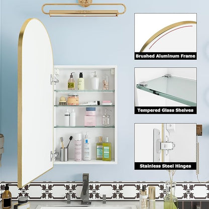 FKWin Arched Medicine Cabinets with Mirror, Bathroom Mirror with Storage, Aluminum Alloy Bathroom Cabinet, Modern Bathroom Wall Cabinet with 3 Adjustable Shelves, Not Recessed, 29.5"x15.7", Gold