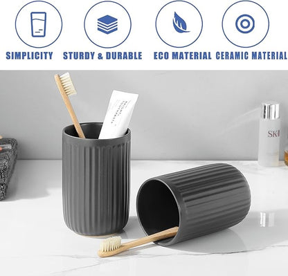Grey Toothbrush Holders for Bathrooms - 2 Cups Ceramic Toothbrush Toothpaste Holders Set, White Bathroom Tumbler Cups Reusable Toothbrush Mouthwash Cup, Bathroom Counter Organizer.