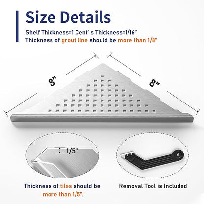 8'' Corner Shower Shelf 2 Pack, 304 Stainless Steel Grout in Shelves for Tiled Wall, Recessed Bathroom Shelf Rack, No Drilling Needed (8'', Silver)