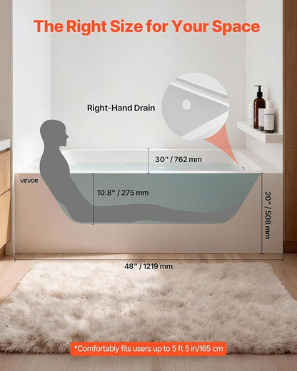 VEVOR Alcove Bathtub, 48" x 30" Contemporary Alcove Acrylic Bathtub, Soaking Bath Tub with Right Hand Drain and Overflow Hole, Large Rectangular Deep Soak Tub for Bathroom with Integral Flange, White