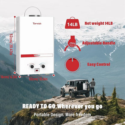 Tankless Water Heater 8L, 2.11GPM Portable Propane Camping Water Heater with Digital Display Handle Overheating Protection, 54,500 BTU Instant Gas Hot Water Warmer for Outdoors RV Shower Cabin