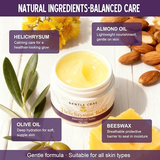 Extracts Helichrysum Balm — Moisturizing Helichrysum Essential Oil Balm, Beeswax & Almond Oil, Multipurpose Salve for Dry & Irritated Skin, Stretch Marks, Scars, Hydrating Relief, 1.76oz
