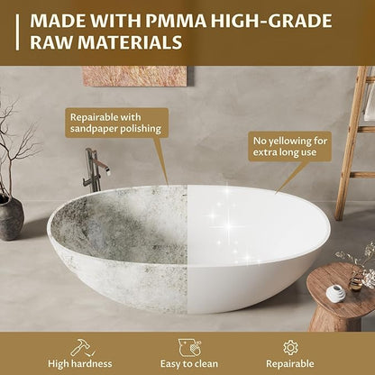 65 in Solid Surface Freestanding Bathtub, Contemporary Oval Shape Soaking Tub, Stone Resin Stand Alone Bathtub With Pop-Up Drain and Overflow, Cupc Certified,Matte White