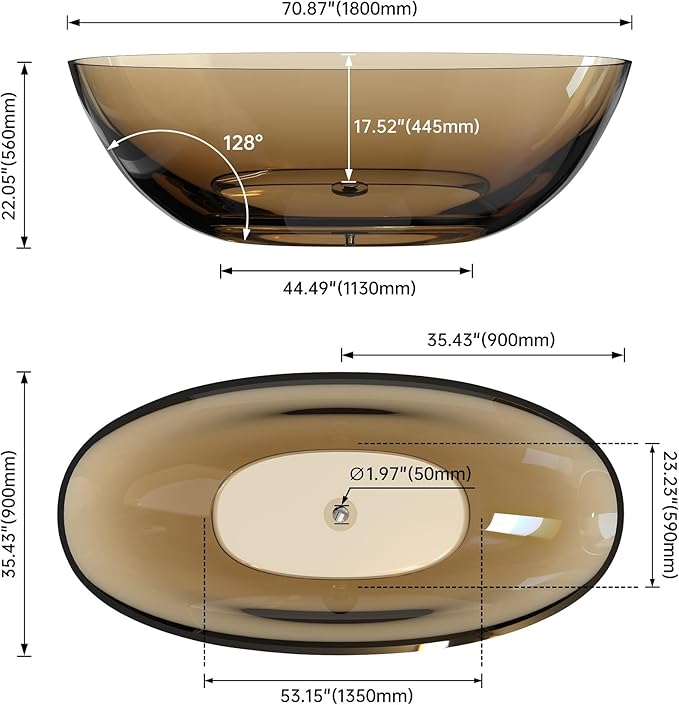 71" Premium Solid Surface Freestanding Bathtub, Upgraded Transparent Dark Brown Oval Resin Soaking Tubs with Pop-up Drain
