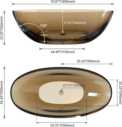 71" Premium Solid Surface Freestanding Bathtub, Upgraded Transparent Dark Brown Oval Resin Soaking Tubs with Pop-up Drain