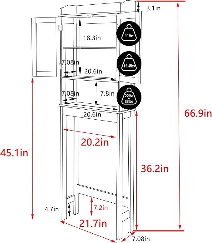 BlueWish Over The Toilet Storage Cabinet, 66.9" H Over Toilet Bathroom Organizer with Adjustable Shelves, Anti-toppling Design, Tall Over Toilet Storage for Laundry Room, Balcony