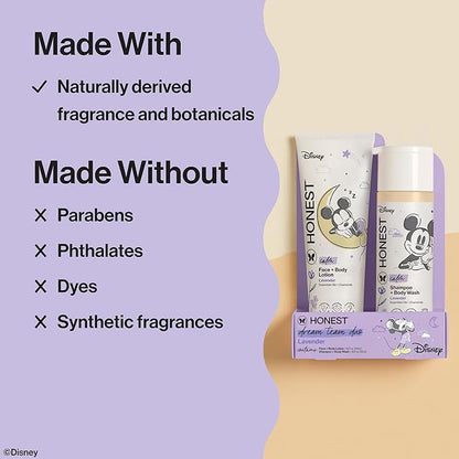 The Honest Company 2-in-1 Cleansing Shampoo and Body Wash Face Lotion Bundle Disney Design Gentle Enough for Baby Dermatologist Tested Calm Lavender 18.5 fl oz