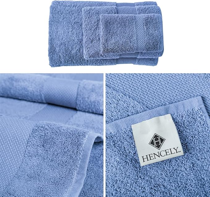 Hencely 6-Piece Bath Towel Set - High Absorbency, Quick Drying - 100% Soft Turkish Cotton - 2 Bath Towels, 2 Hand Towels, 2 Washcloths - for Bathroom, Home, Hotel, Spa, and Gym - 6-Pack Blue