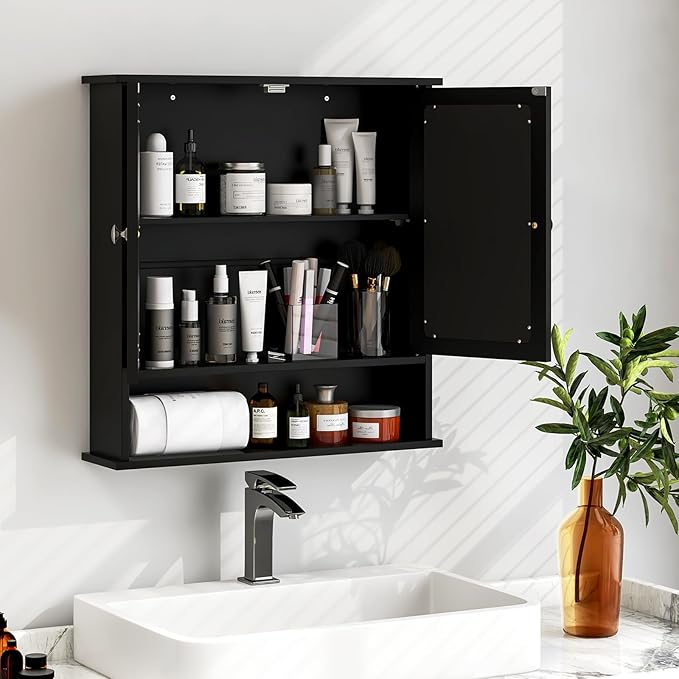 Tangkula Bathroom Medicine Cabinet with Mirror, Wall Mounted Wooden Hanging Organizer with Doors and Shelves, Bathroom Wall Mirror Cabinet (Mirror Doors, Black)