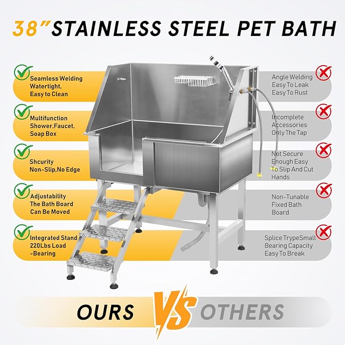 38'' Large Dog Bathtub Stainless Steel, Dog Washing Station, Pet Bathing Station Grooming Bath Tub with Left Ramp & Removable Door & Showerhead & Faucet & Soap Holder for Home Pet Grooming Salon