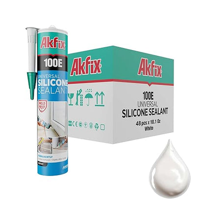 Akfix 100E RTV White Silicone Caulk (48x10.1 fl.oz.) - 100% Waterproof Silicone Sealant for Kitchen and Bathroom, Shower, Toilet, Sink, Window and Door, No Yellowing | White, 48 Pack