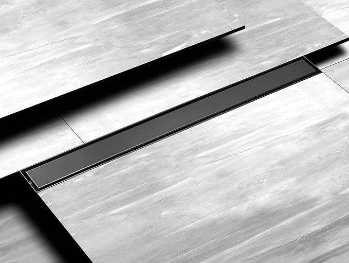 HEATGENE Linear Shower Drain 24-Inch, Stainless Steel Rectangle Shower Floor Drain with 2-in-1 Flat & Tile Insert Cover, Shower Drain with Leveling Feet & Hair Strainer, Matte Black