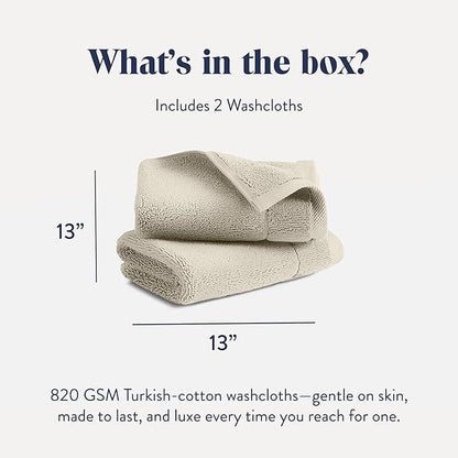 Brooklinen Super-Plush Turkish Cotton Washcloths - Set of 2 - Cotton, 820 GSM, Highly Absorbent, Machine Washable, Perfect for Home & Bathroom (13" x 13", Stone)