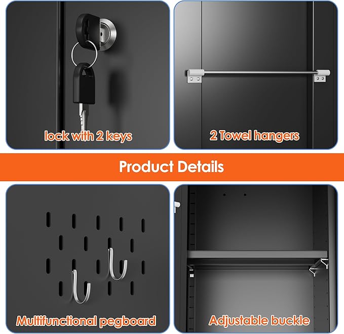 Aobabo Broom Closet Storage Cabinet, Lockable Garage Storage Cabinet for Home Garage, 61.61" H×27.55" W×13.77" D, Assembly Required, Black