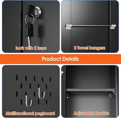 Aobabo Broom Closet Storage Cabinet, Lockable Garage Storage Cabinet for Home Garage, 71.41" H×31.53" W×15.74" D, Assembly Required, Black