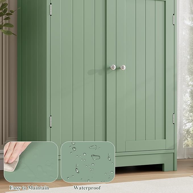 HORSTORS 67" Tall Bathroom Storage Cabinet, Freestanding Storage Cabinet with Glass Door and Shelves, Kitchen Pantry Linen Cabinet with 2 Drawers for Bathroom, Living Room, Dining Room, Green