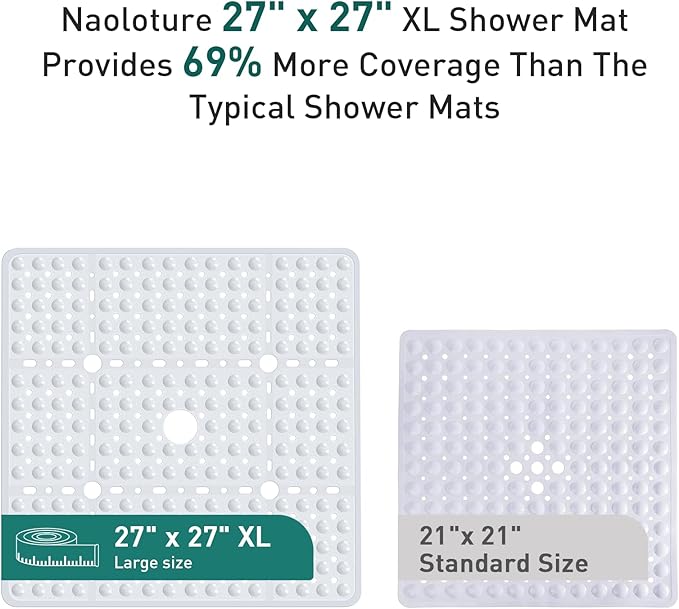 Large White Square Shower Mat Non Slip 27 x 27 Inch, Soft Bath Mat Bathtub Mat for Inside Shower Floor, Bathroom Shower Stall Mats with Big Suction Cups Drain Holes, Easy Washable, BPA-Free