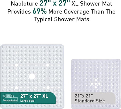 Large White Square Shower Mat Non Slip 27 x 27 Inch, Soft Bath Mat Bathtub Mat for Inside Shower Floor, Bathroom Shower Stall Mats with Big Suction Cups Drain Holes, Easy Washable, BPA-Free