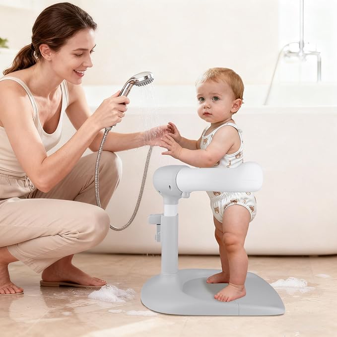 Baby Shower Stand – Adjustable Baby Bath Stand & Standing Baby Bathtub, Baby Shower Standing Support, Toddler Shower Stand for Infants 8–36 Months (Grey)