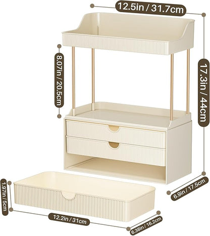 Bathroom Organizers and Storage - 3 Drawers 2 Tier Makeup Organizer, Cosmetic Storage Drawer for Dresser Countertop and Bathroom Vanity for Large Skincare, Perfume, Cream White