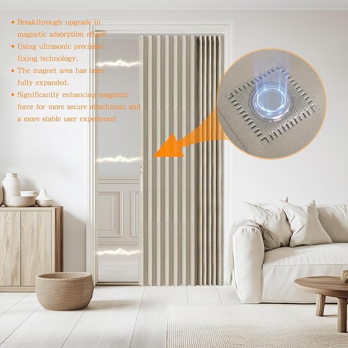 Accordian Door Curtain, 100% Blackout Folding Magnetic Doorway Curtains,Linen Style Closet Doors,for Room Divider,Privacy Protection（W72 x L78,Off White,1 Panel）