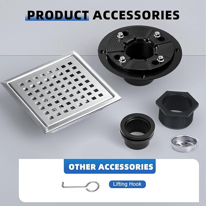 morefine Square Shower Drain with Flange, Shower Drain 6 inch with Removable Grate Cover, SUS 304 Stainless Steel, Brushed Nickel
