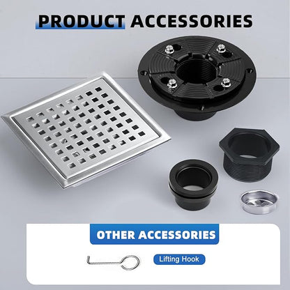morefine Square Shower Drain with Flange, Shower Drain 6 inch with Removable Grate Cover, SUS 304 Stainless Steel, Brushed Nickel