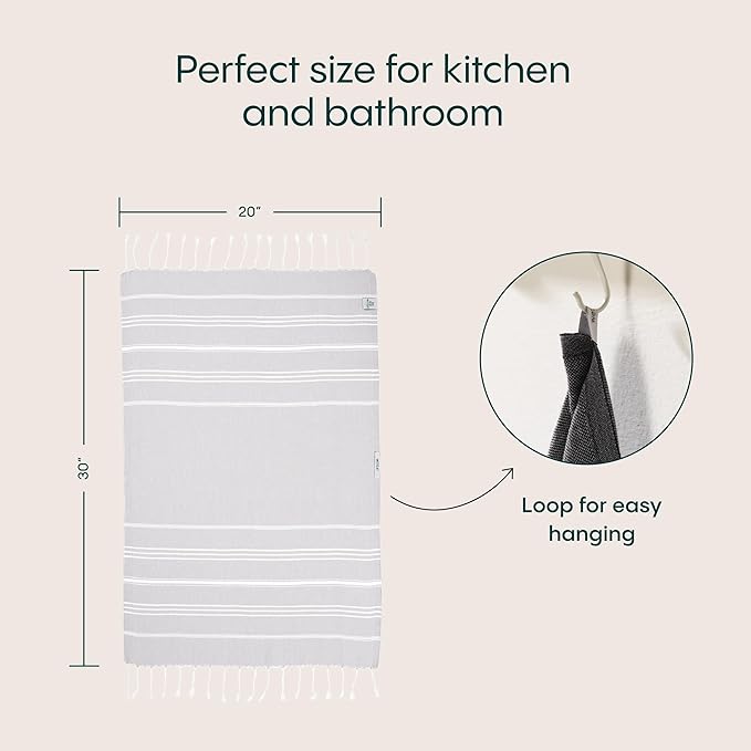 WETCAT Turkish Hand Towels with Hanging Loop, Set of 2 (20" x 30") 100% Turkish Cotton, Pre-Washed, Quick Drying, for Kitchen or Bathroom - Light Grey