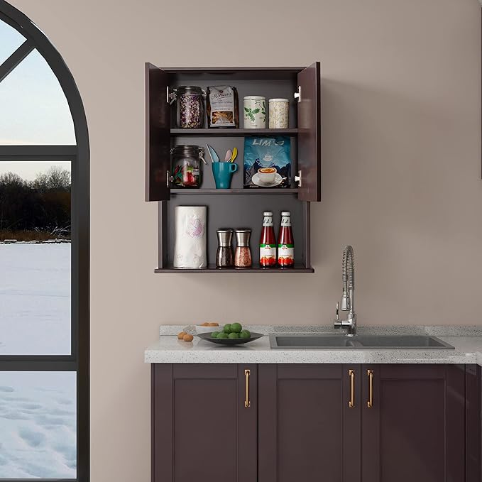 Wall Cabinet, 23x29 inch Medicine Cabinet, Over Toilet Storage with Adjustable Shelf, Wooden Expresso Bathroom Cabinet with 2 Doors
