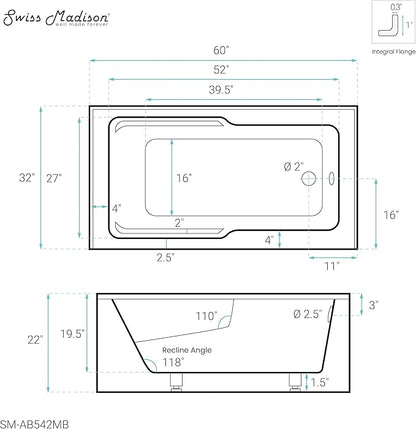 Voltaire 60 in. x 32 in. Acrylic Matte Black, Skirted Alcove, Integral, Right-Hand Drain, Apron Bathtub
