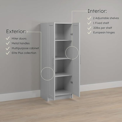 Prepac Elite Plus 24" Wide Storage Accent Cabinet with Panel Doors, White Storage Cabinet, Bathroom Cabinet, Pantry Kitchen with 3 Shelves 16.75" D x 24" W x 65" H