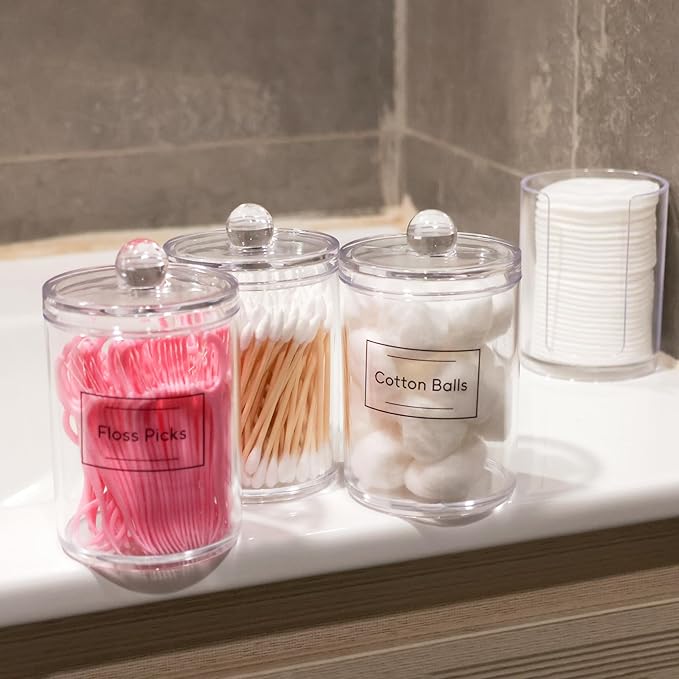 4 Pack Acrylic Qtip Holder Dispenser,Bathroom Canisters Apothecary Jar Set, Vanity Makeup Storage Organizer Set,10 oz