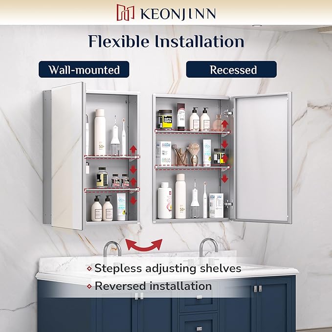 Keonjinn 48 x 32 Inch Oversized Medicine Cabinet for Bathroom with Mirror, Assembly Required, Silver Aluminum Structure, Free Adjustable Shelves, Combined Recessed or Surface Mount Wall Cabinet
