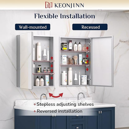 Keonjinn 40 x 26 Inch Medicine Cabinet, Assembly Required, Silver Bathroom Medicine Cabinets Mirror, Lightweight, Adjustable Shelves, Surface Mount or Recessed, Tempered Glass