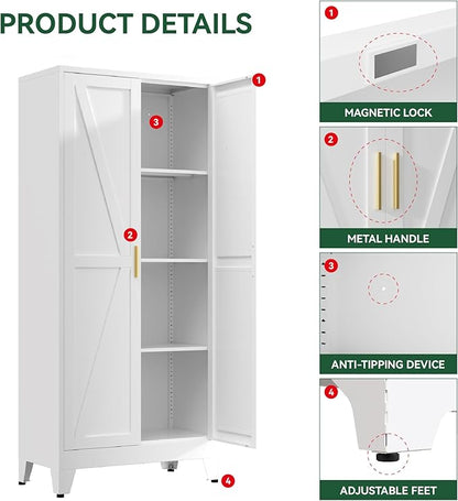 61" Tall Metal Kitchen Pantry Storage Cabinet with Double Doors & 3 Adjustable Shelves, Freestanding Cupboard for Kitchen, Dining Room, Bathroom, White