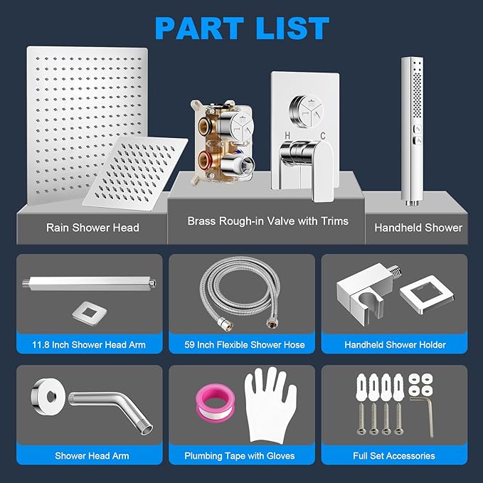 Shower Faucet Set, 3-Setting Push Button Polish Chrome Shower System, 12 Inch Ceiling Mounted Shower Head, 6 Inch Wall Mounted Rain Shower Head with 2 in 1 Handheld Spray, Shower Valve Trim Kit