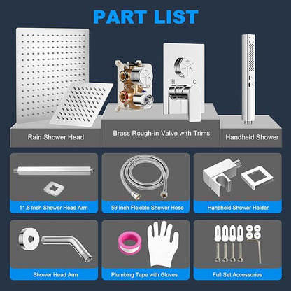 Shower Faucet Set, 3-Setting Push Button Polish Chrome Shower System, 12 Inch Ceiling Mounted Shower Head, 6 Inch Wall Mounted Rain Shower Head with 2 in 1 Handheld Spray, Shower Valve Trim Kit