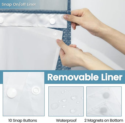 Moonlight Blue Stall No Hook Shower Curtain with Snap in Liner,230GSM Waffle Weave Shower Curtains for Bathroom,54W x 80H
