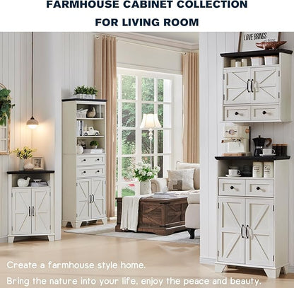 ACCOHOHO Bathroom Floor Cabinet, Farmhouse Storage Cabinet, 24" Wide Cabinet with Drawer, Adjustable Shelf, Barn Doors, Cabinets for Bathroom, Kitchen, Living Room, Off White