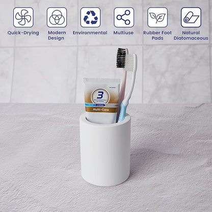 Drying Stone Toothbrush Holder, Diatomite Toothbrush Cup for Bathroom Counter, Quick Drying Electric Toothbrush and Toothpaste Holder Bathroom Organizer, White