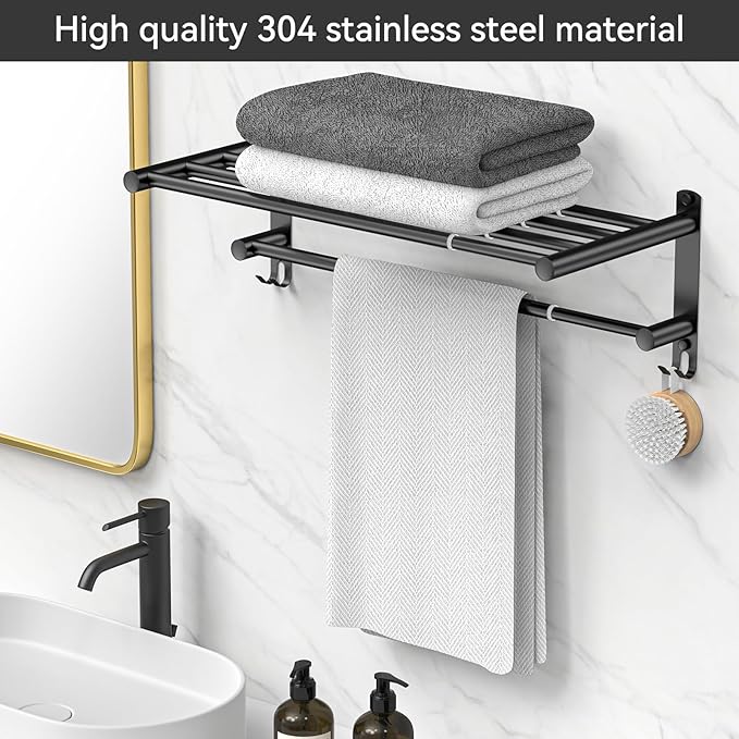 Black Adjustable Towel Bar for Bathroom Wall Mount17-30.7inch Adhesive Shower Towel Rack Stainless Steel Bath Towel Holders for Toilet Kitchen Double Towel Hanger (Black 2-Layer Towel Rack)
