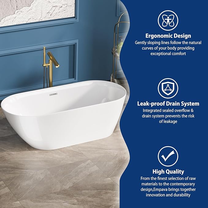 Sarlai 67 Inch Acrylic Freestanding Soaking Bathtub Contemporary Soaking White Tub Stand Alone Ergonomic Bathtub with Chrome Drain and Overflow